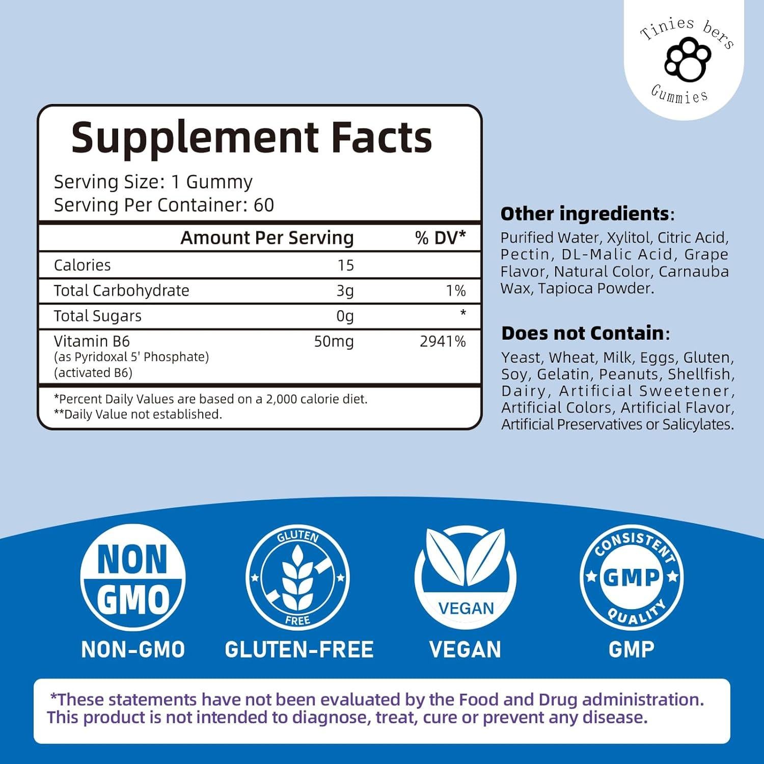 Gomitas P5P 50mg Tinies Bers - Vitamina B6 Sin Azúcar 60u
