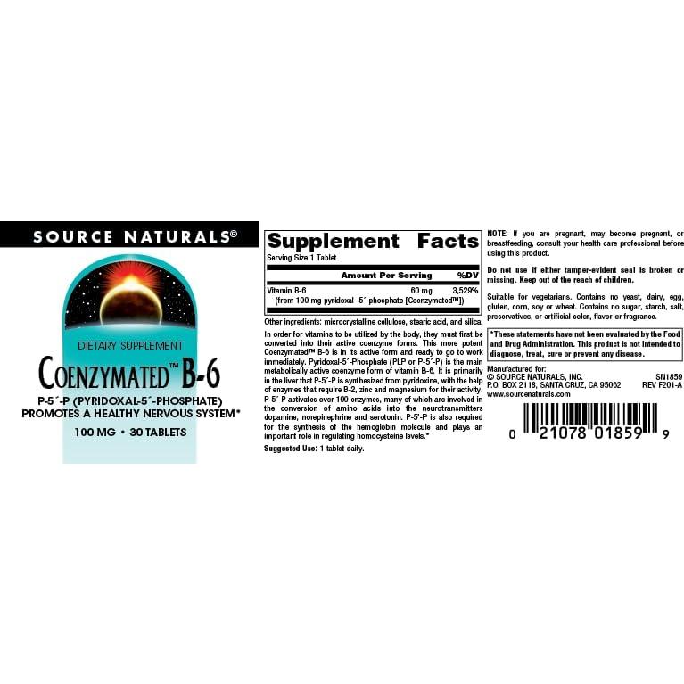 Coenzimado B-6 Source Naturals 100 mg - 30 Tabletas Vegetarianas