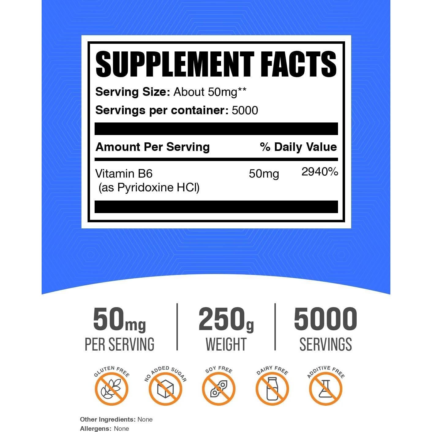 Polvo de Clorhidrato de Piridoxina B6 BulkSupplements 50mg 250g