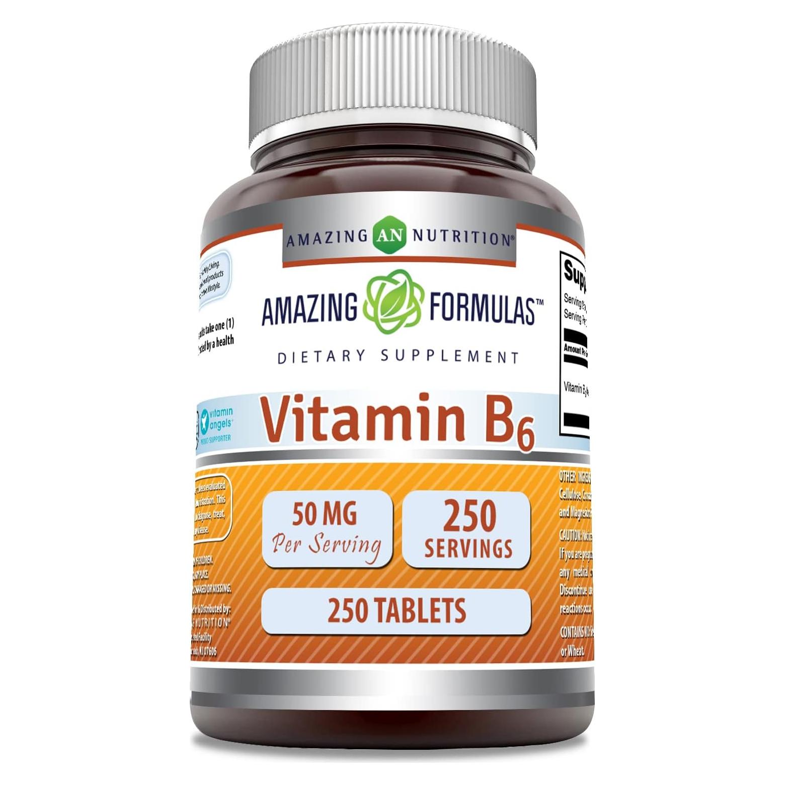 Suplemento de Vitamina B6 50mg 250 Tabletas Nutrición Asombrosa