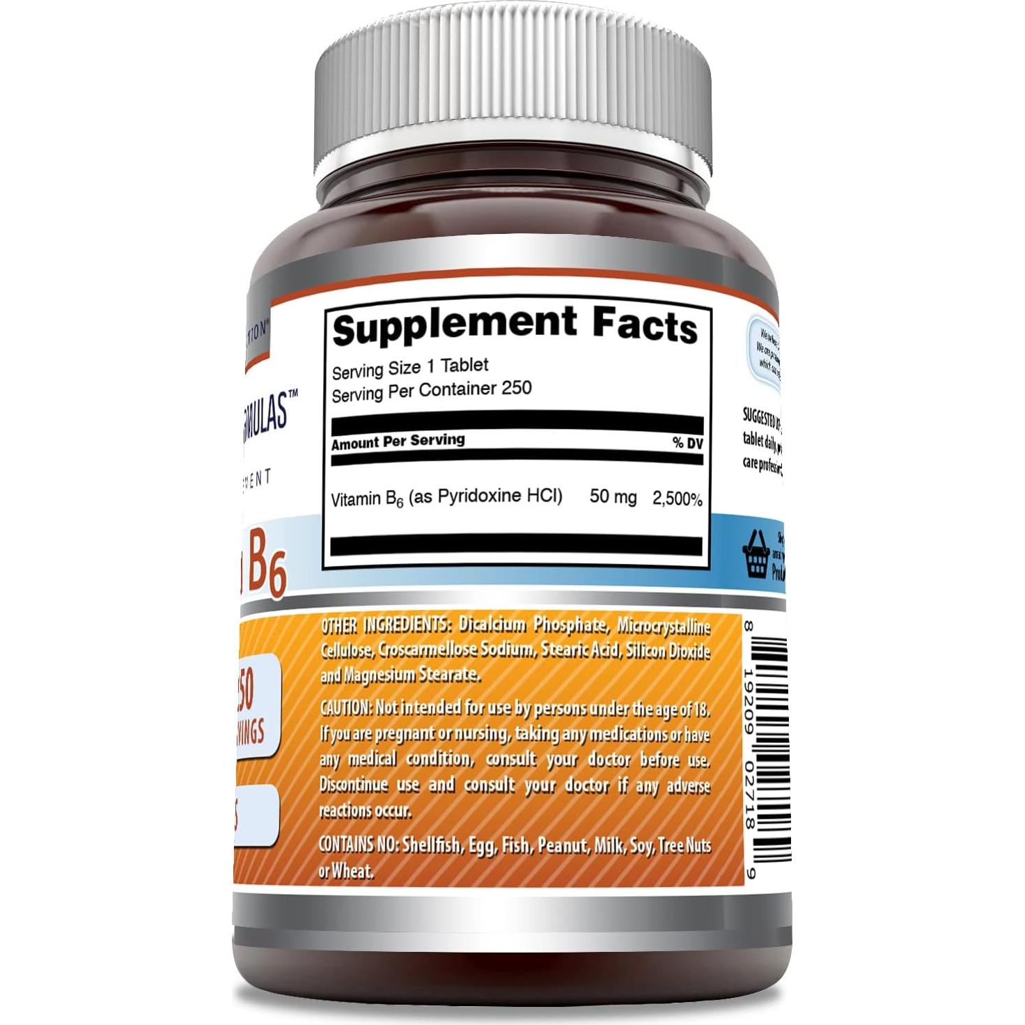 Suplemento de Vitamina B6 50mg 250 Tabletas Nutrición Asombrosa