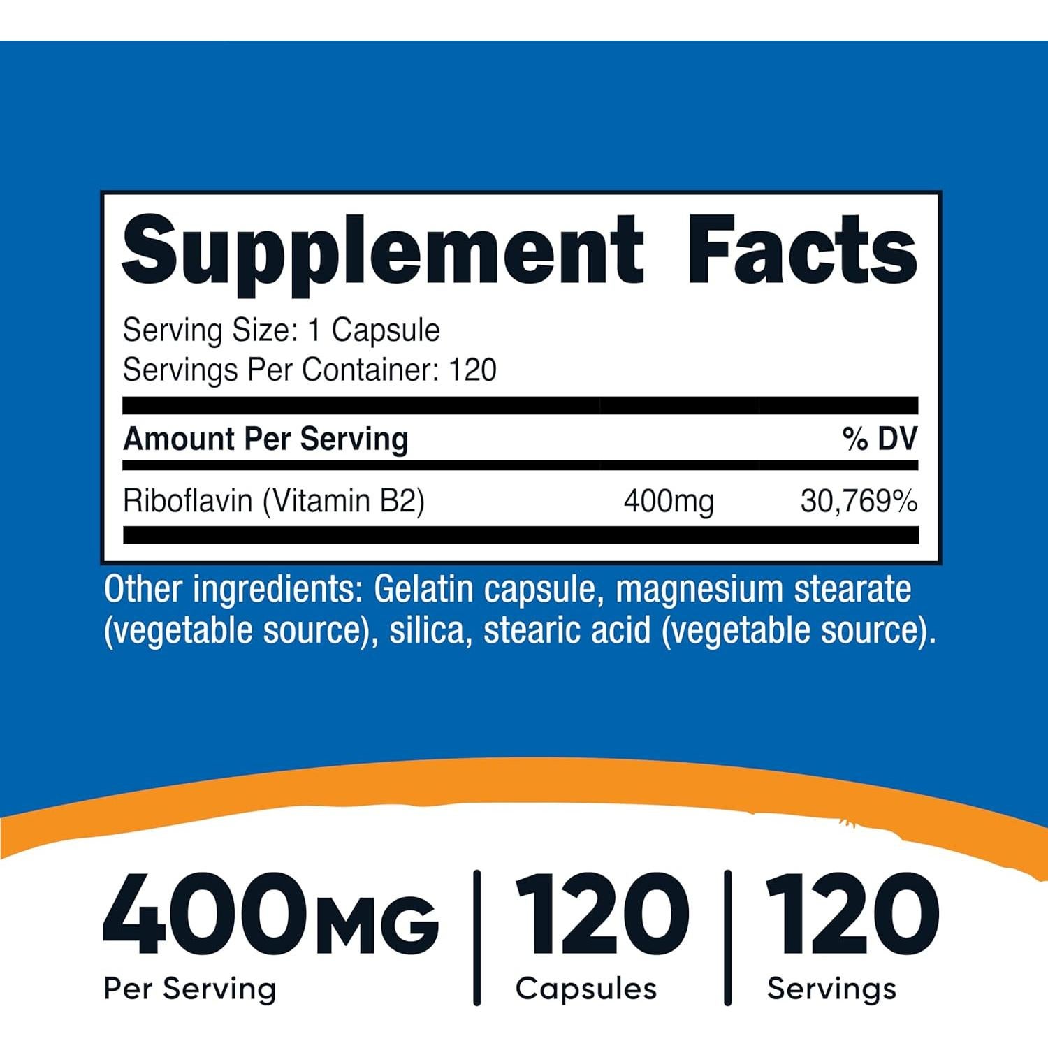 Nutricost Vitamina B2 400mg Riboflavina 120 Cápsulas Sin Gluten