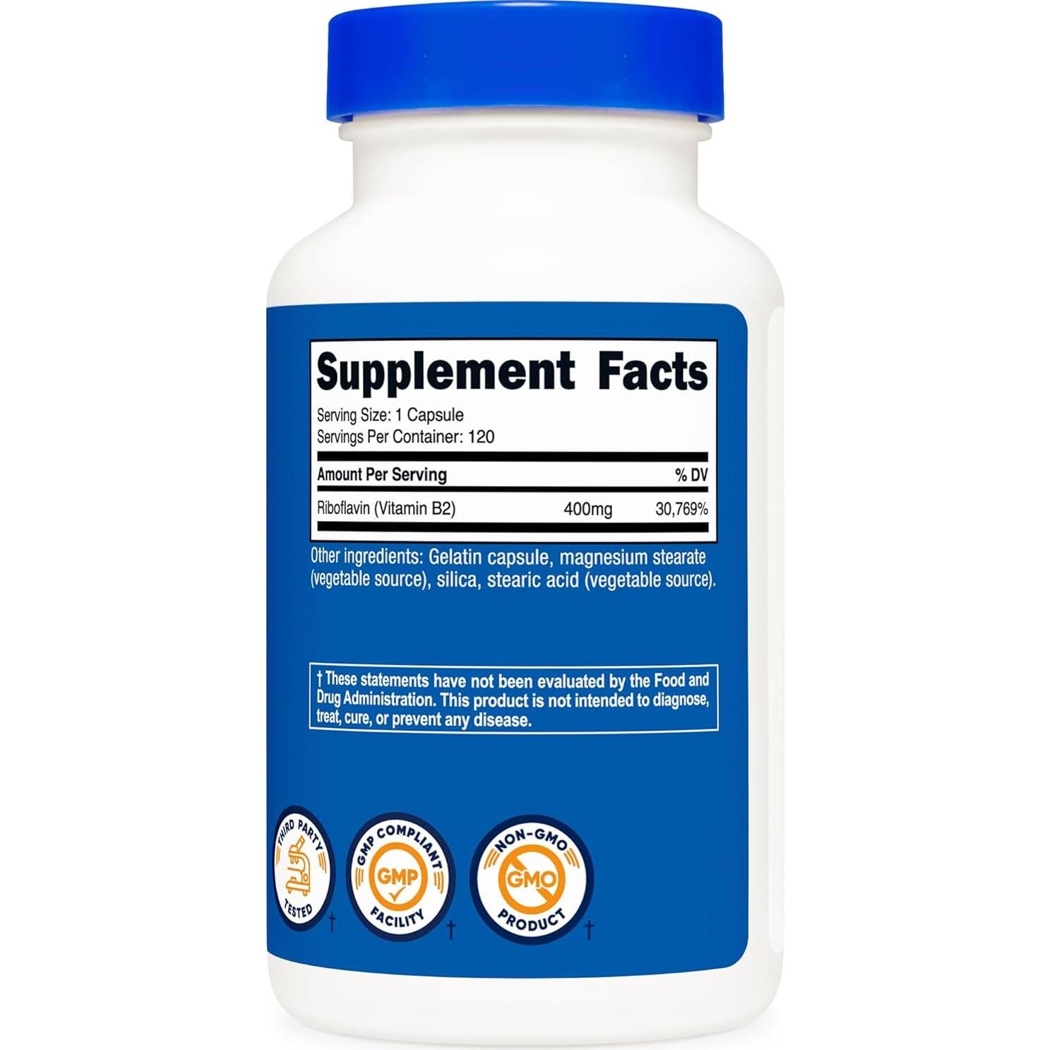 Nutricost Vitamina B2 400mg Riboflavina 120 Cápsulas Sin Gluten