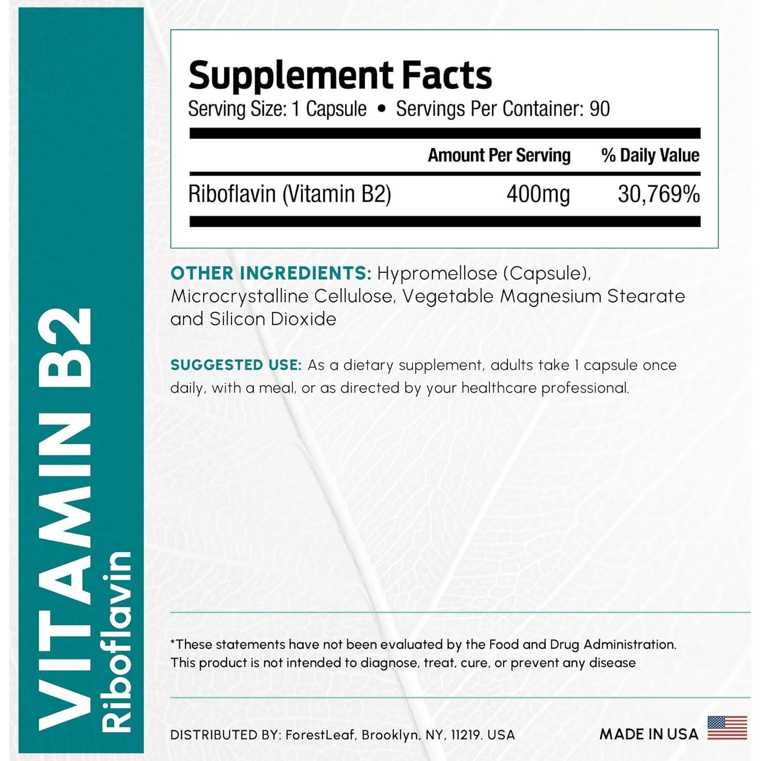 Vitamina B2 Riboflavina 400mg ForestLeaf - 90 Cápsulas Vegetales