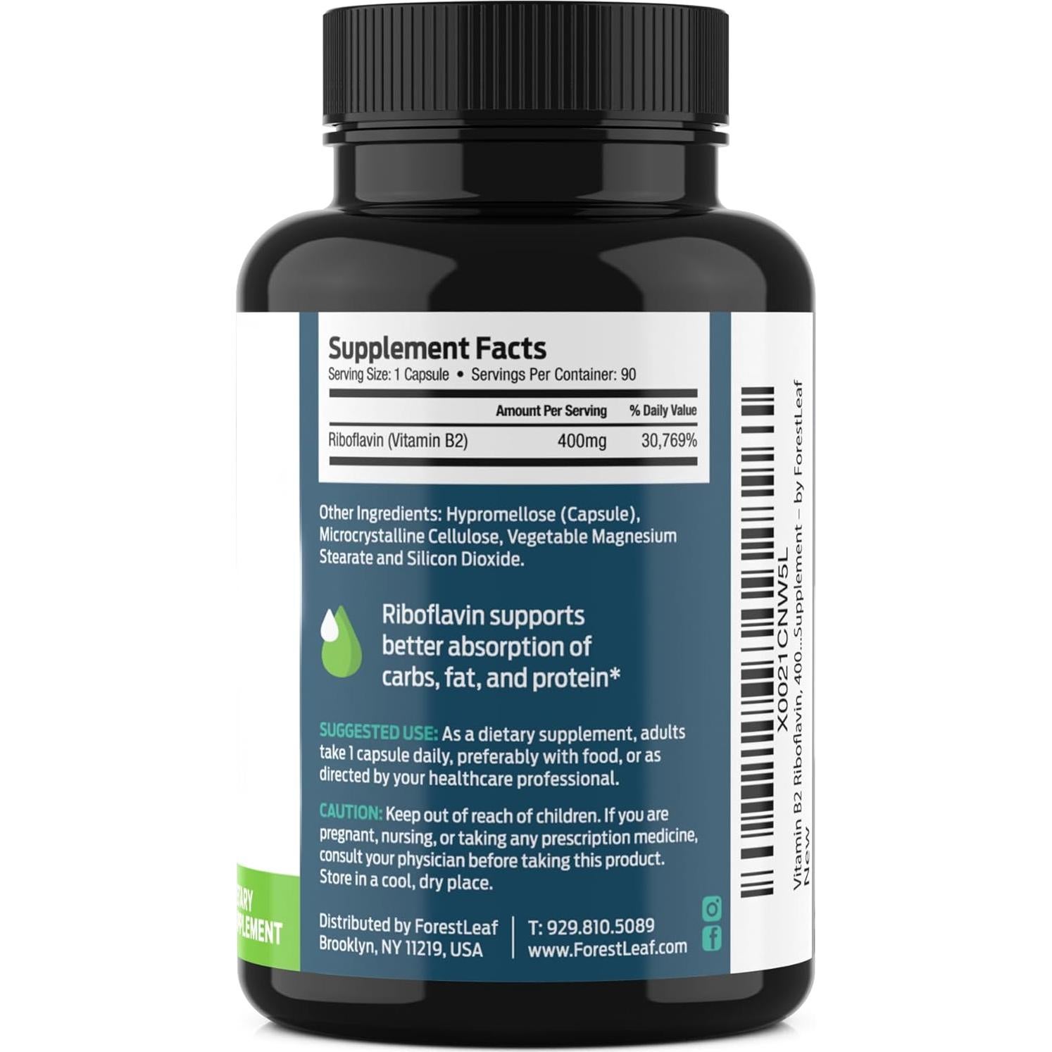 Vitamina B2 Riboflavina 400mg ForestLeaf - 90 Cápsulas Vegetales