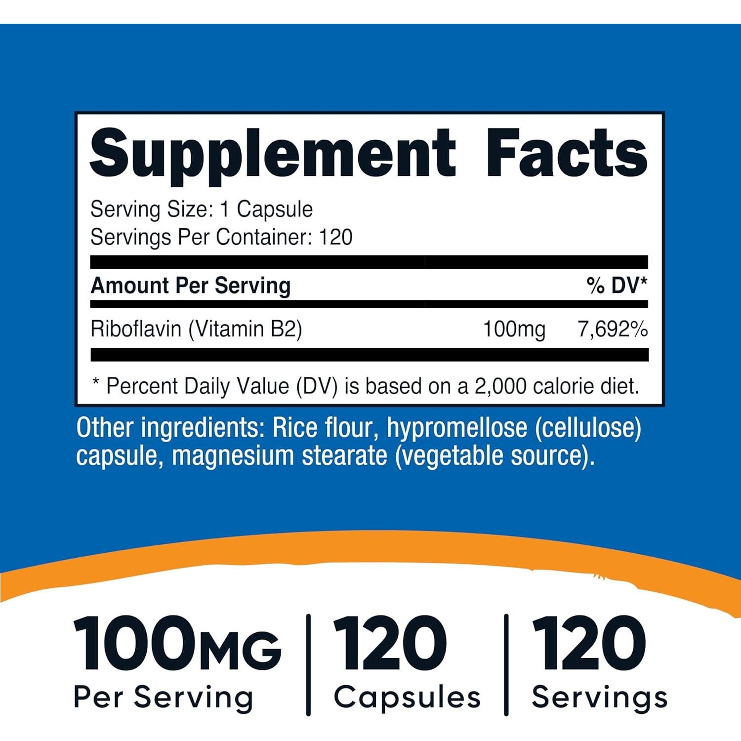 Nutricost Vitamina B2 100mg Riboflavina 120 Cápsulas Sin Gluten