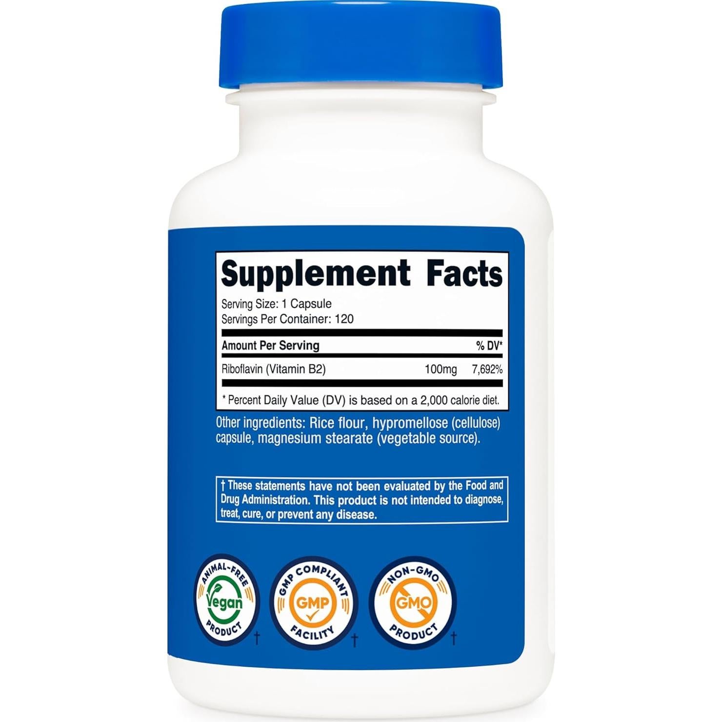 Nutricost Vitamina B2 100mg Riboflavina 120 Cápsulas Sin Gluten