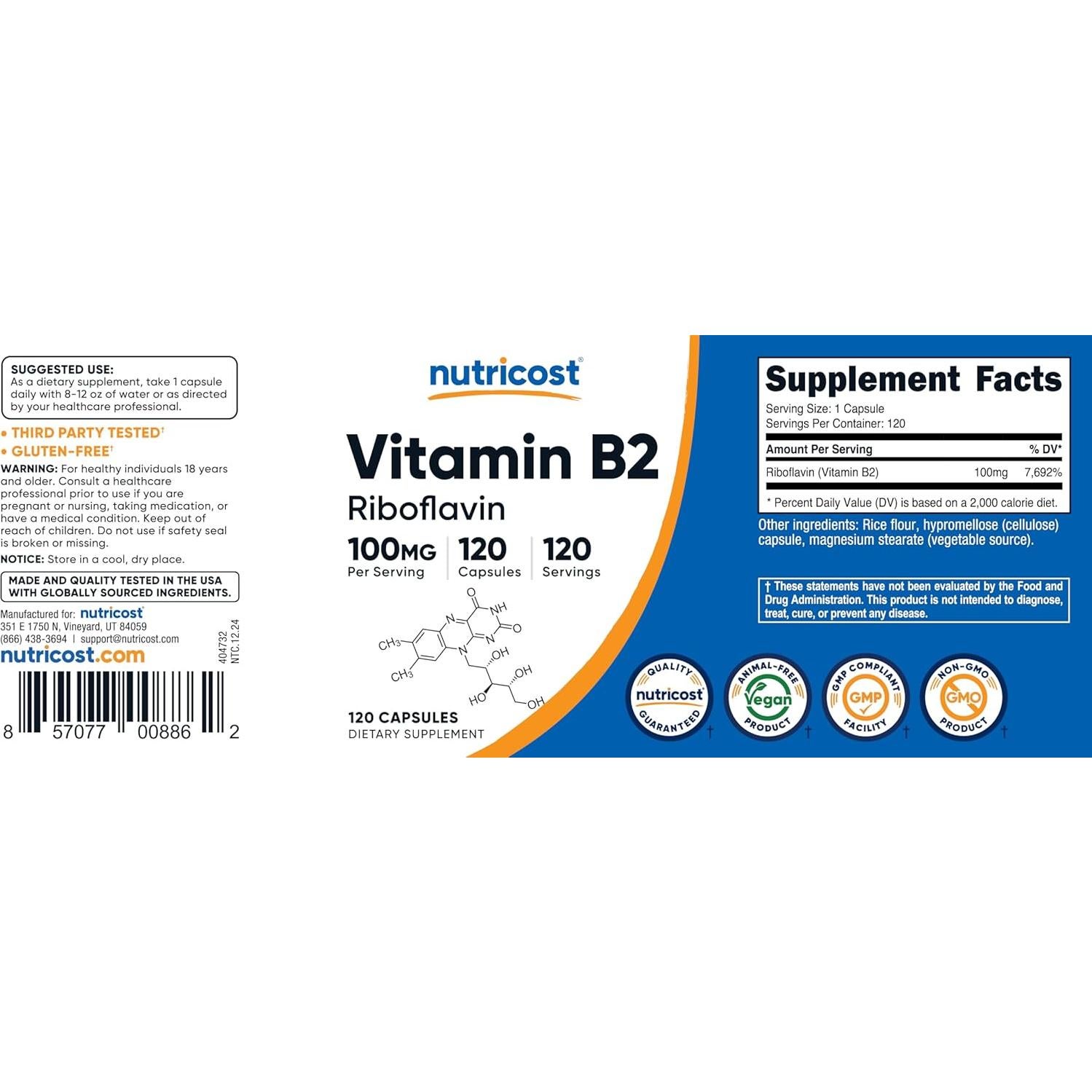 Nutricost Vitamina B2 100mg Riboflavina 120 Cápsulas Sin Gluten