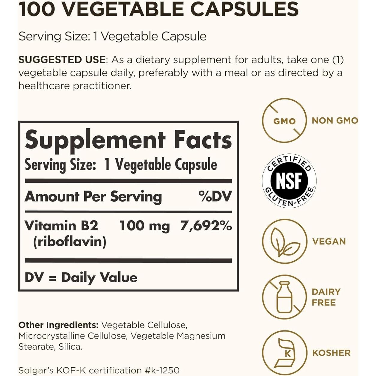 Vitamina B2 Solgar 100mg 100 Cápsulas Vegetales Antioxidante