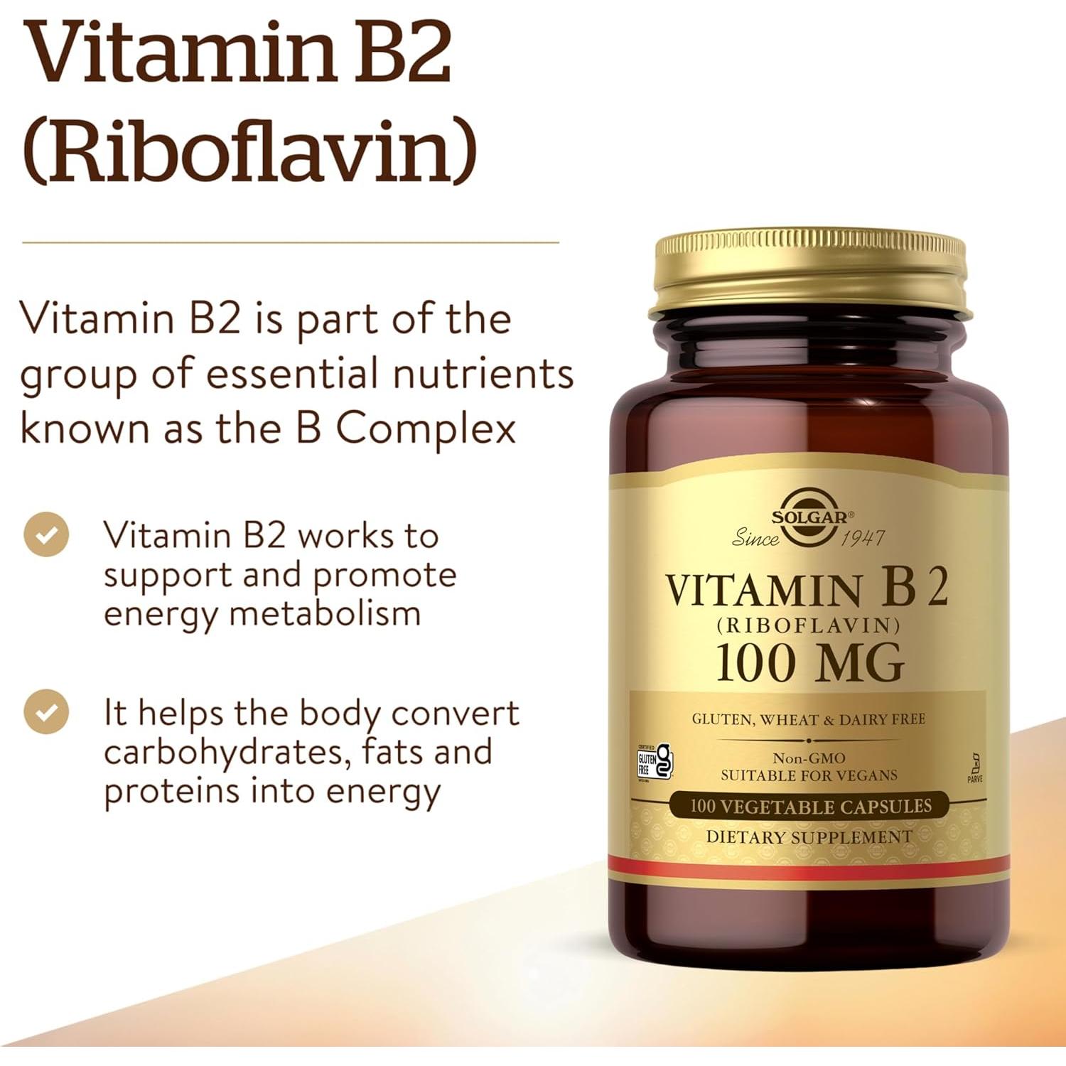 Vitamina B2 Solgar 100mg 100 Cápsulas Vegetales Antioxidante