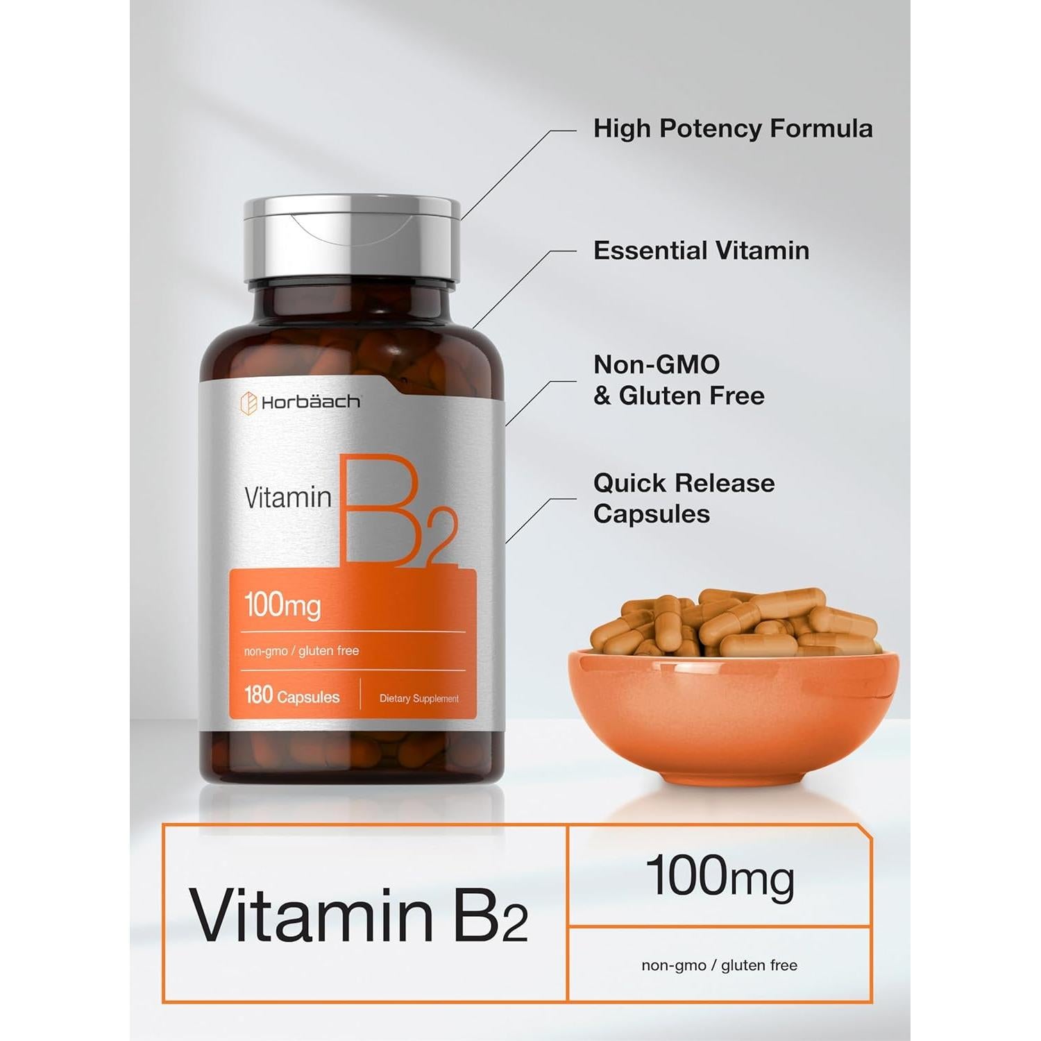 Horbäach Vitamina B2 100mg 180 Cápsulas Suplemento Riboflavina