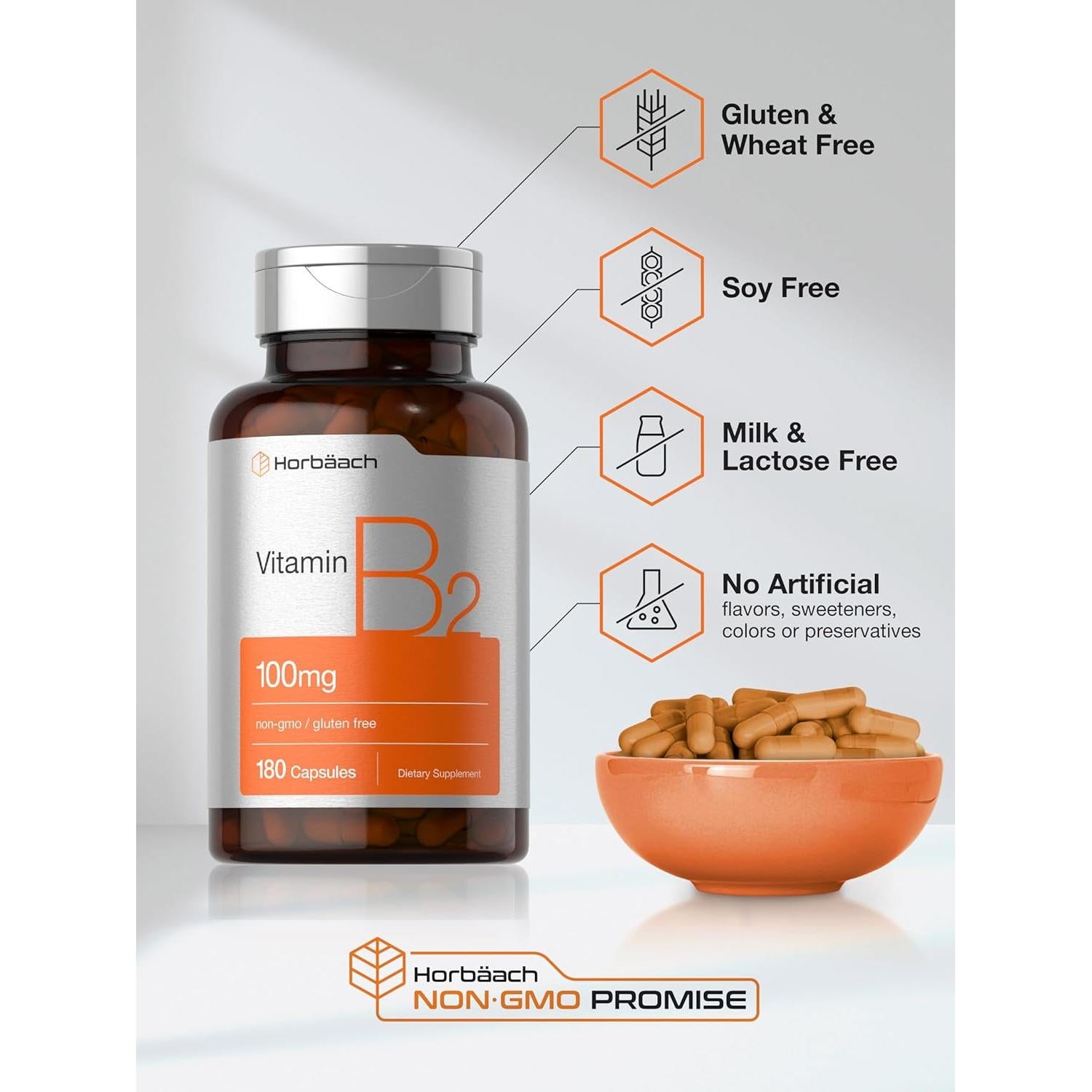 Horbäach Vitamina B2 100mg 180 Cápsulas Suplemento Riboflavina