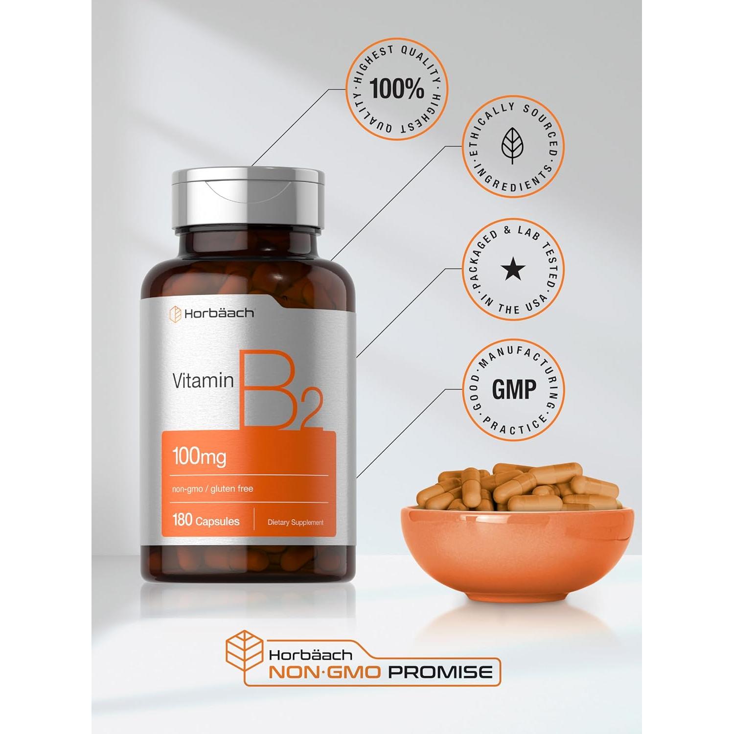 Horbäach Vitamina B2 100mg 180 Cápsulas Suplemento Riboflavina