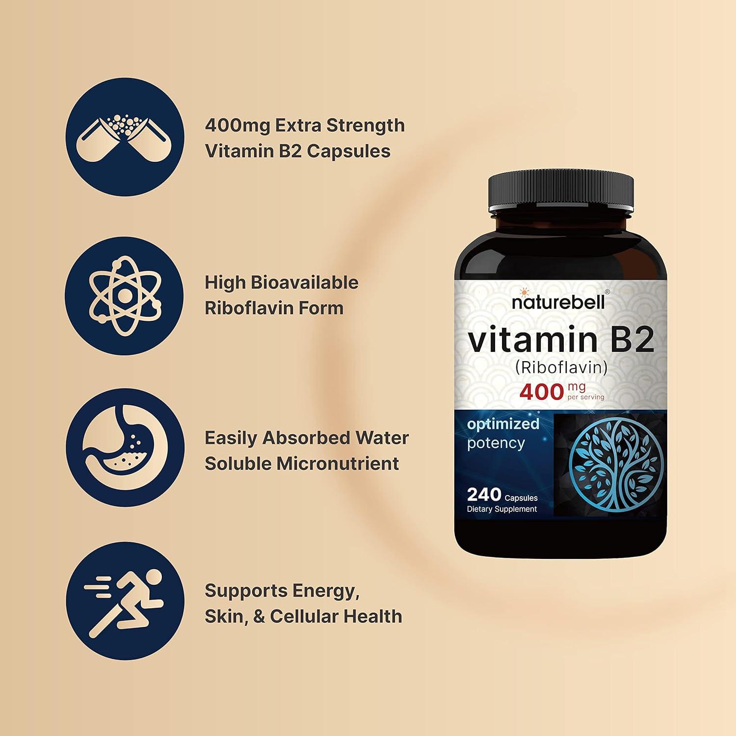 NatureBell Vitamina B2 Riboflavina 400mg 240 Cápsulas - Suplemento Energía