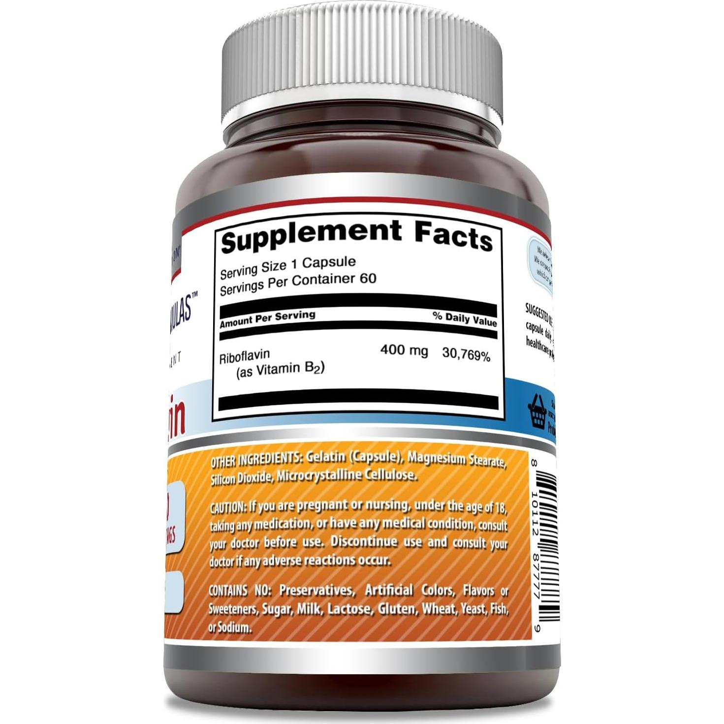 Suplemento Riboflavina (Vitamina B2) 400 Mg - Fórmulas Asombrosas - 60 Cápsulas