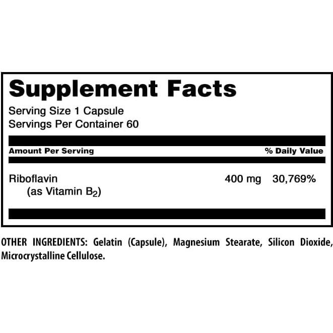 Suplemento Riboflavina (Vitamina B2) 400 Mg - Fórmulas Asombrosas - 60 Cápsulas