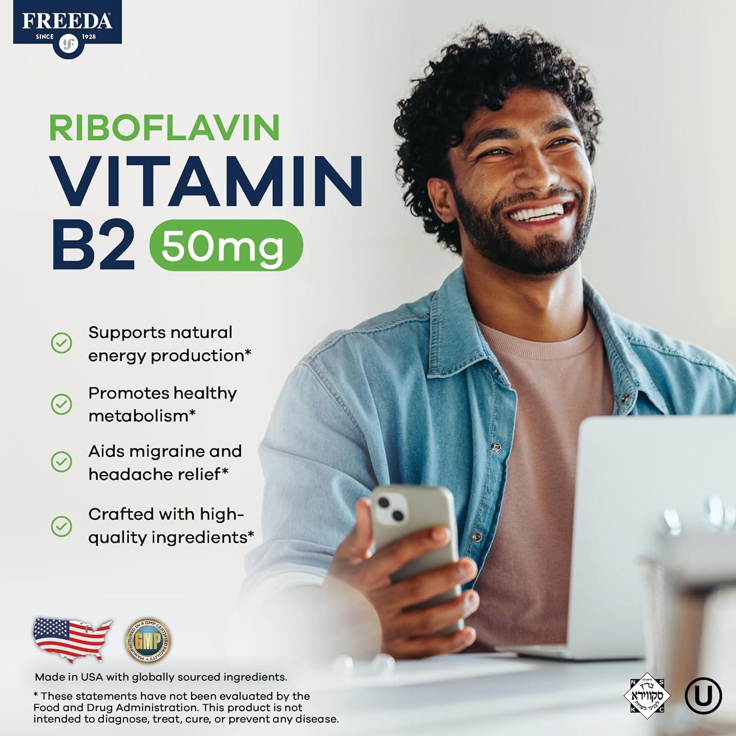 Tabletas de Riboflavina Vitamina B2 Freeda 50mg - 100 Ct