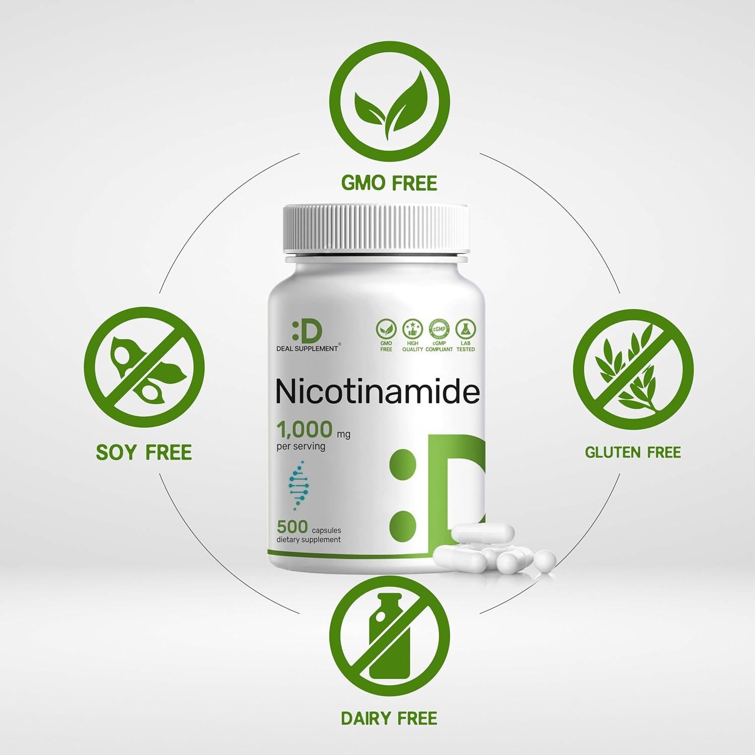 Vitamina B3 Nicotinamida 1000mg 500 Cápsulas - Sin Enrojecimiento