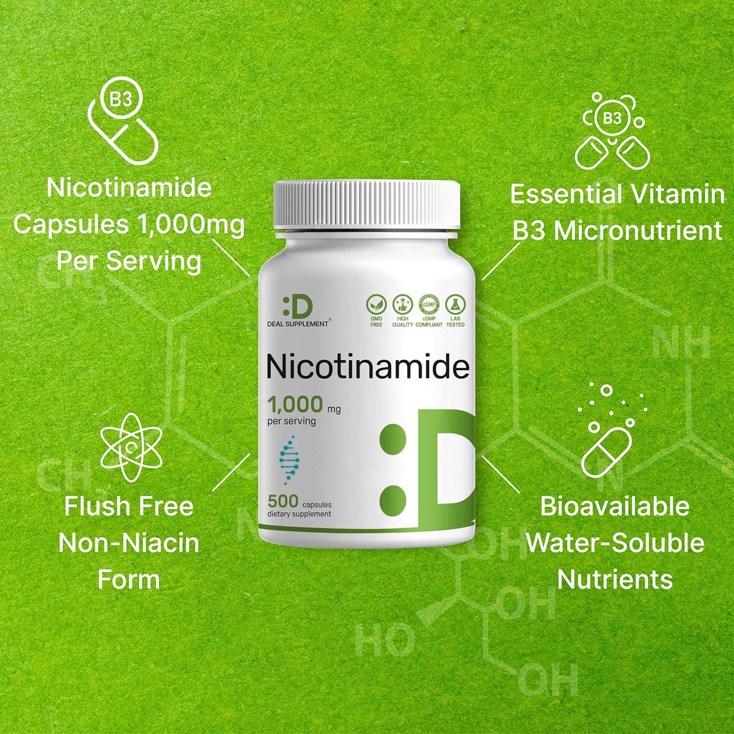 Vitamina B3 Nicotinamida 1000mg 500 Cápsulas - Sin Enrojecimiento