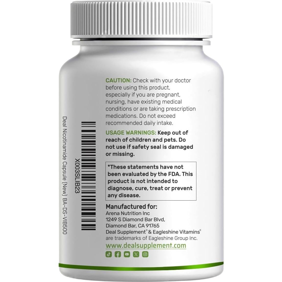 Vitamina B3 Nicotinamida 1000mg 500 Cápsulas - Sin Enrojecimiento