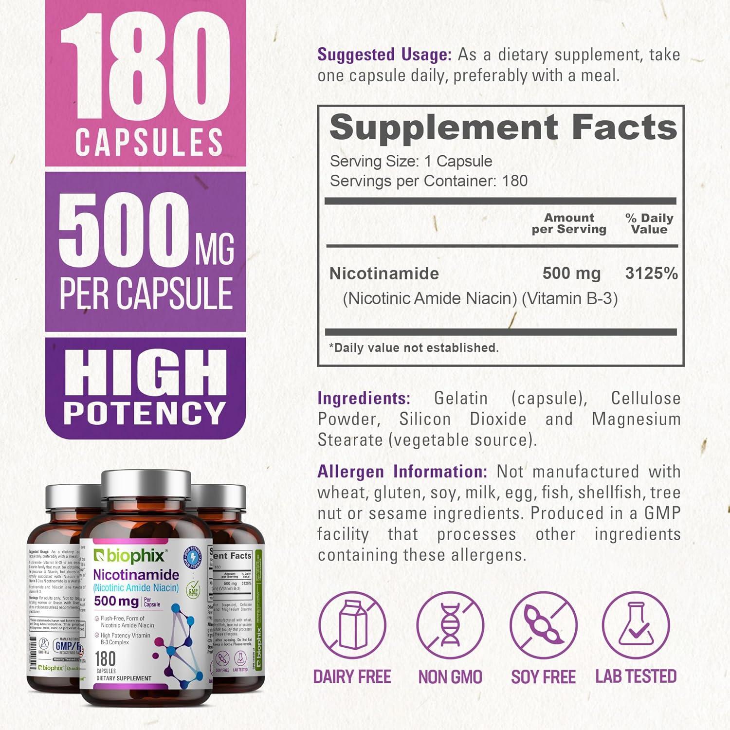 Biophix Nicotinamida 500 mg 180 Cápsulas - Suplemento Vitamina B3