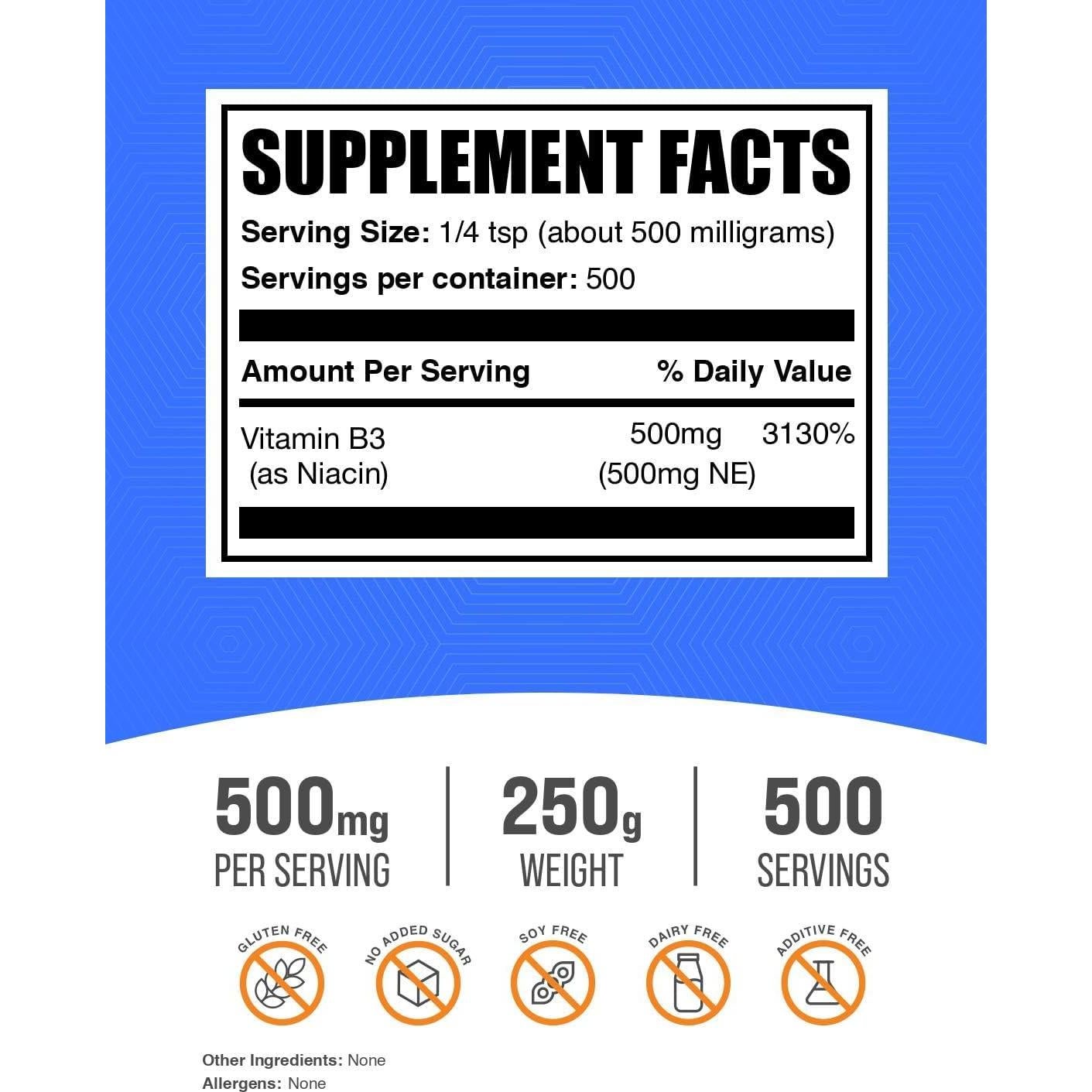Polvo de Niacina 500mg BulkSupplements - Suplemento B3 250g