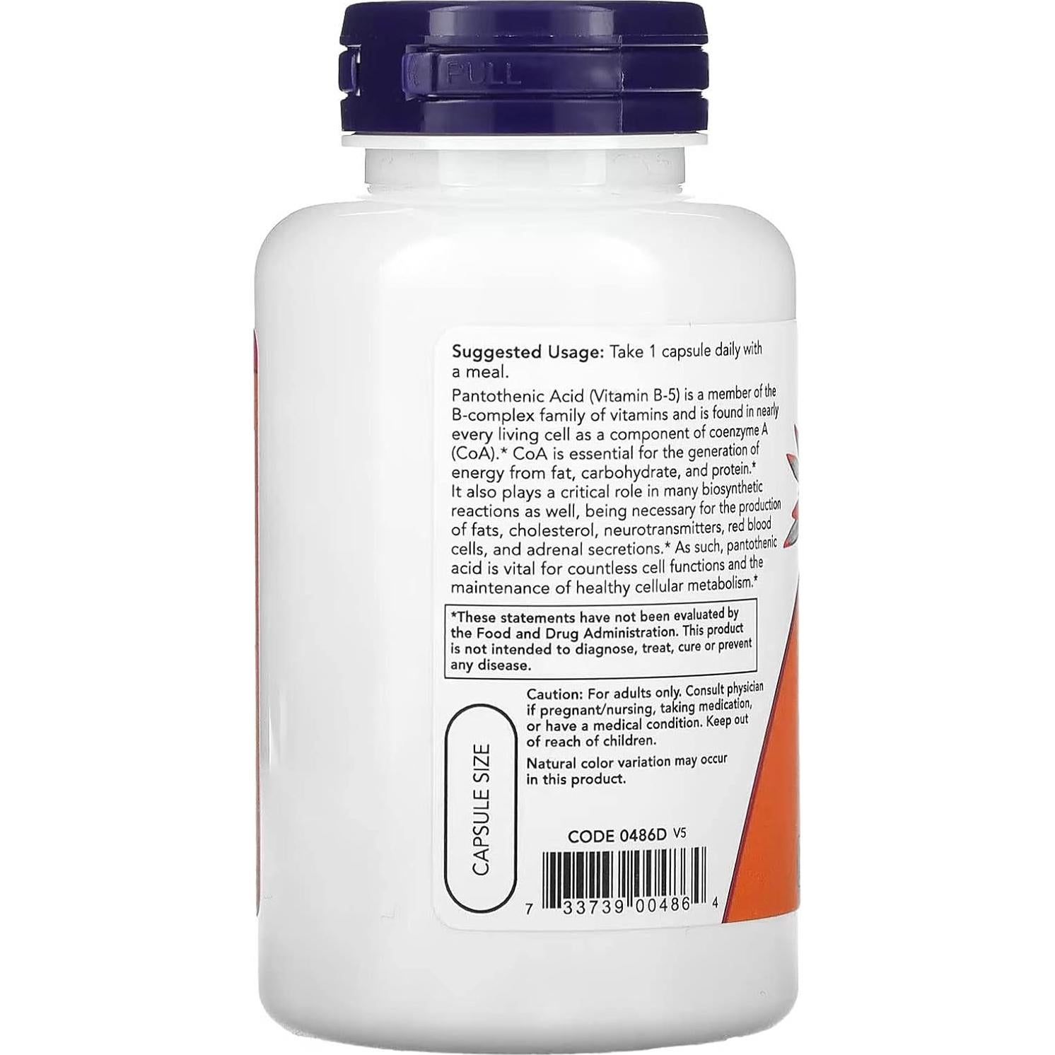 Ácido Pantoténico NOW Foods 500mg 100 Cápsulas Suplemento