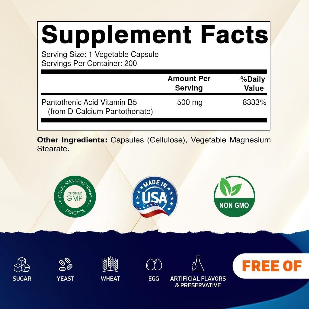 Ácido Pantoténico Vitamatic 500 mg - 200 Cápsulas Sin Gluten