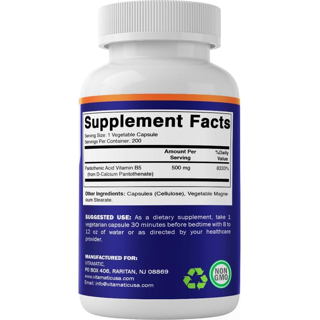 Ácido Pantoténico Vitamatic 500 mg - 200 Cápsulas Sin Gluten