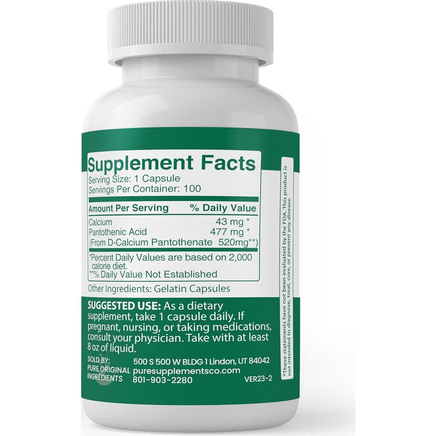 Ácido Pantoténico 100 Cápsulas Ingredientes Originales Puros