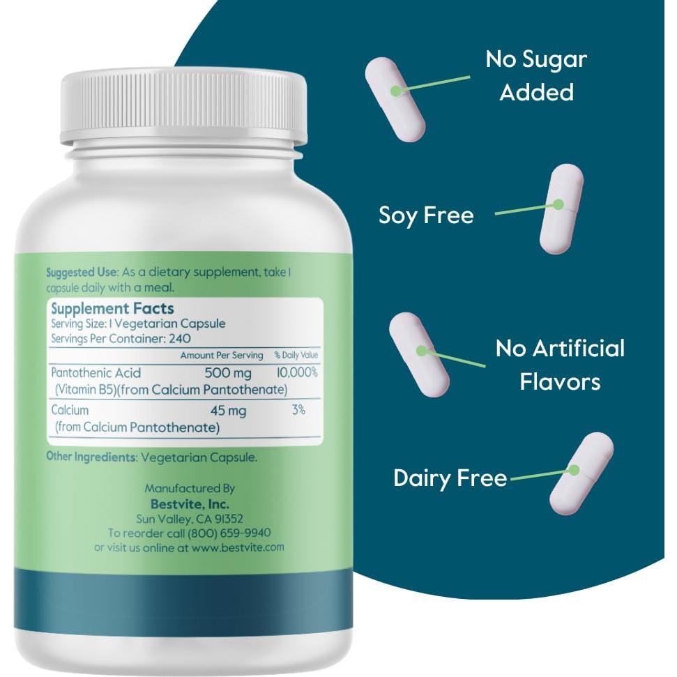 Ácido Pantoténico 500mg Bestvite - 240 Cápsulas Veganas