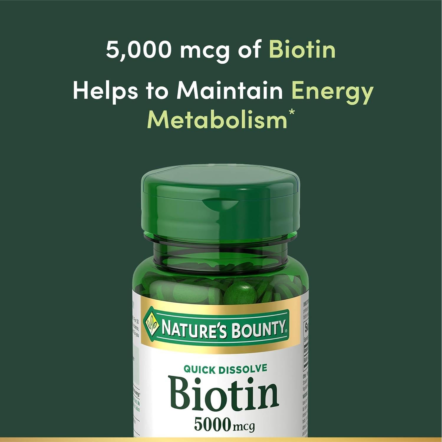 Biotina Nature's Bounty 5000 mcg 60 Tabletas Rápidas Salud Cabello Piel Uñas