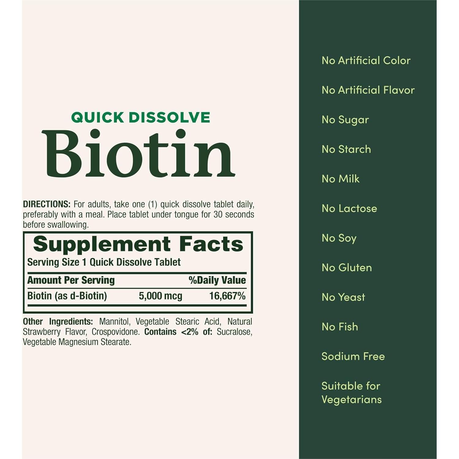 Biotina Nature's Bounty 5000 mcg 60 Tabletas Rápidas Salud Cabello Piel Uñas