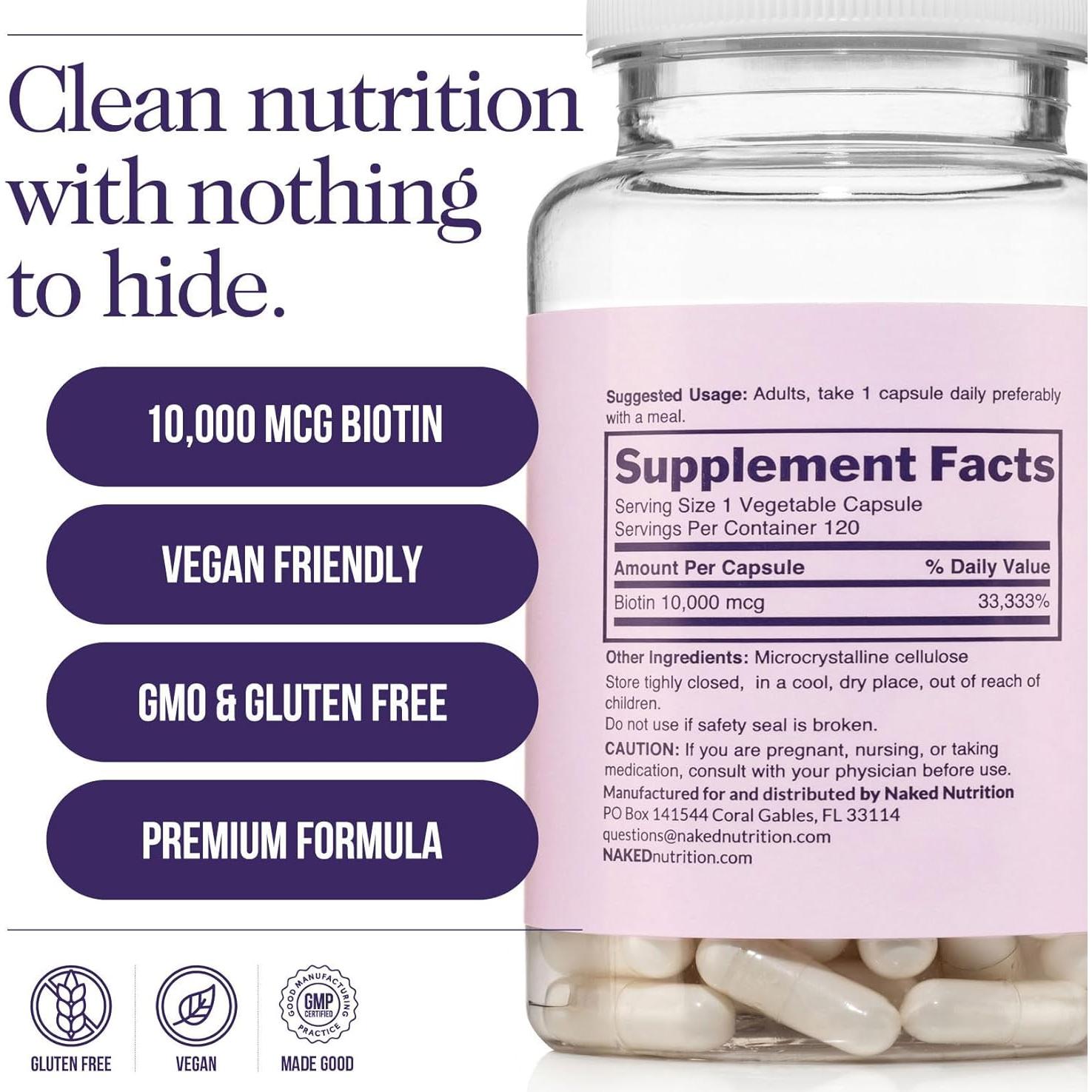 Suplemento de Biotina NAKED 10,000mcg - 120 Cápsulas Veganas