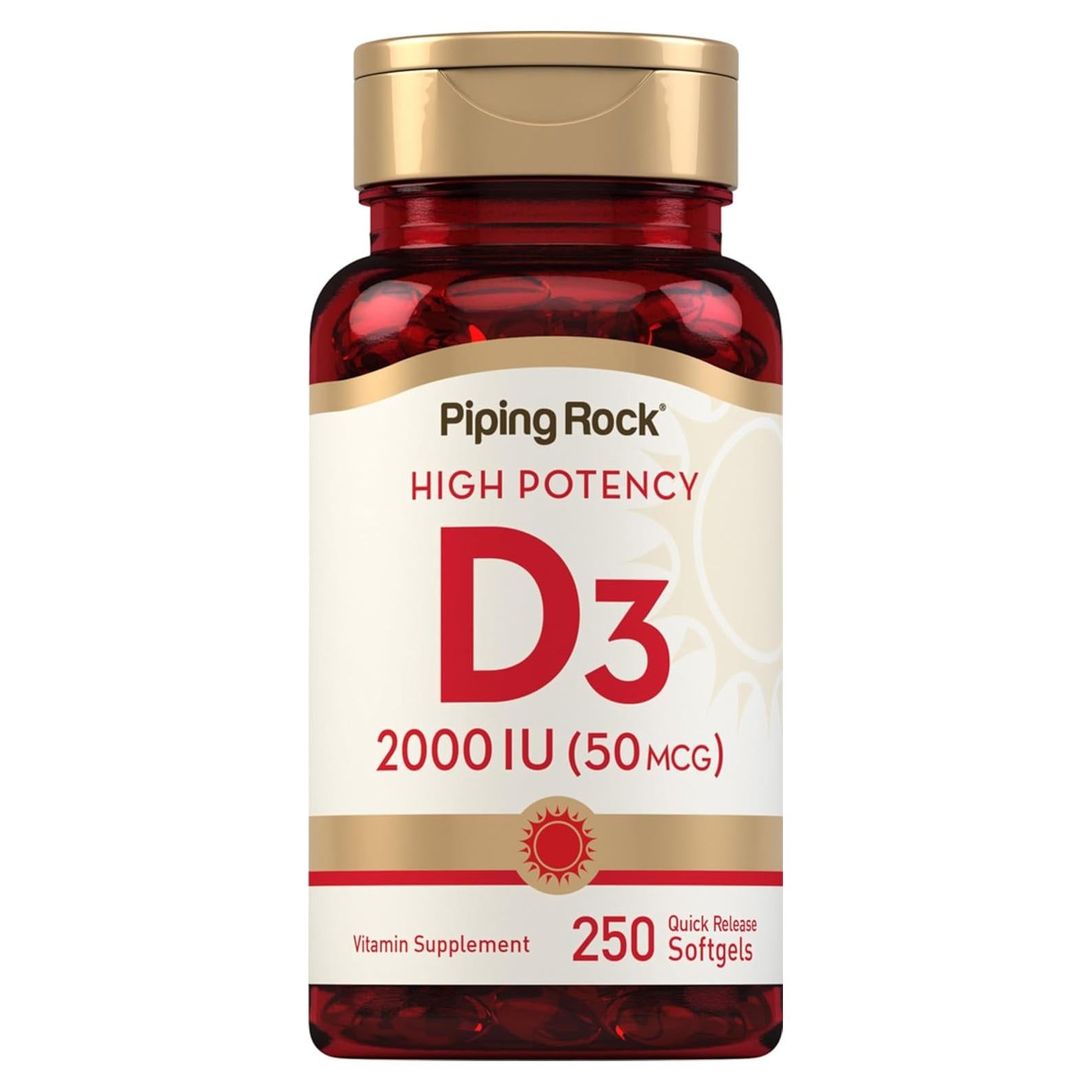 Vitamina D3 2000 UI Piping Rock 250 Gelatinas Blandas Alta Potencia