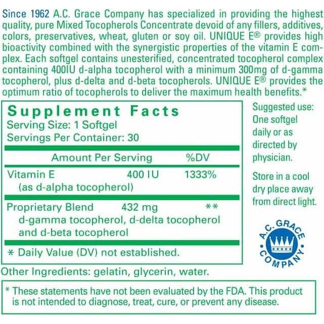 Concentrado de Tocopheroles Mixtos UNIQUE E A.C. Grace 30 Softgels