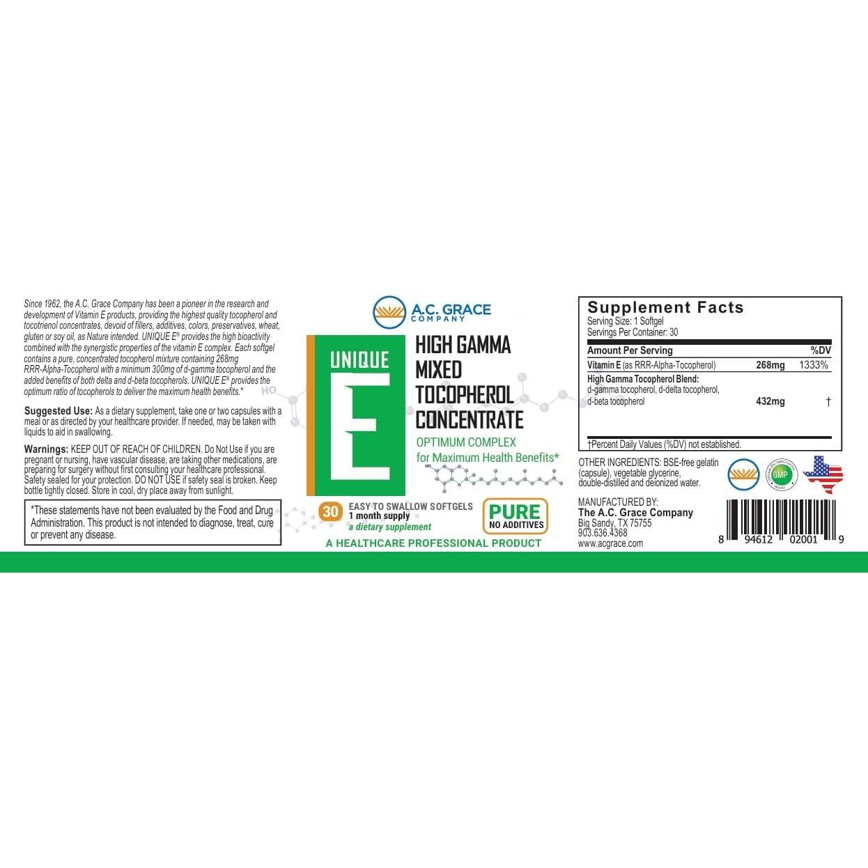 Concentrado de Tocopheroles Mixtos UNIQUE E A.C. Grace 30 Softgels