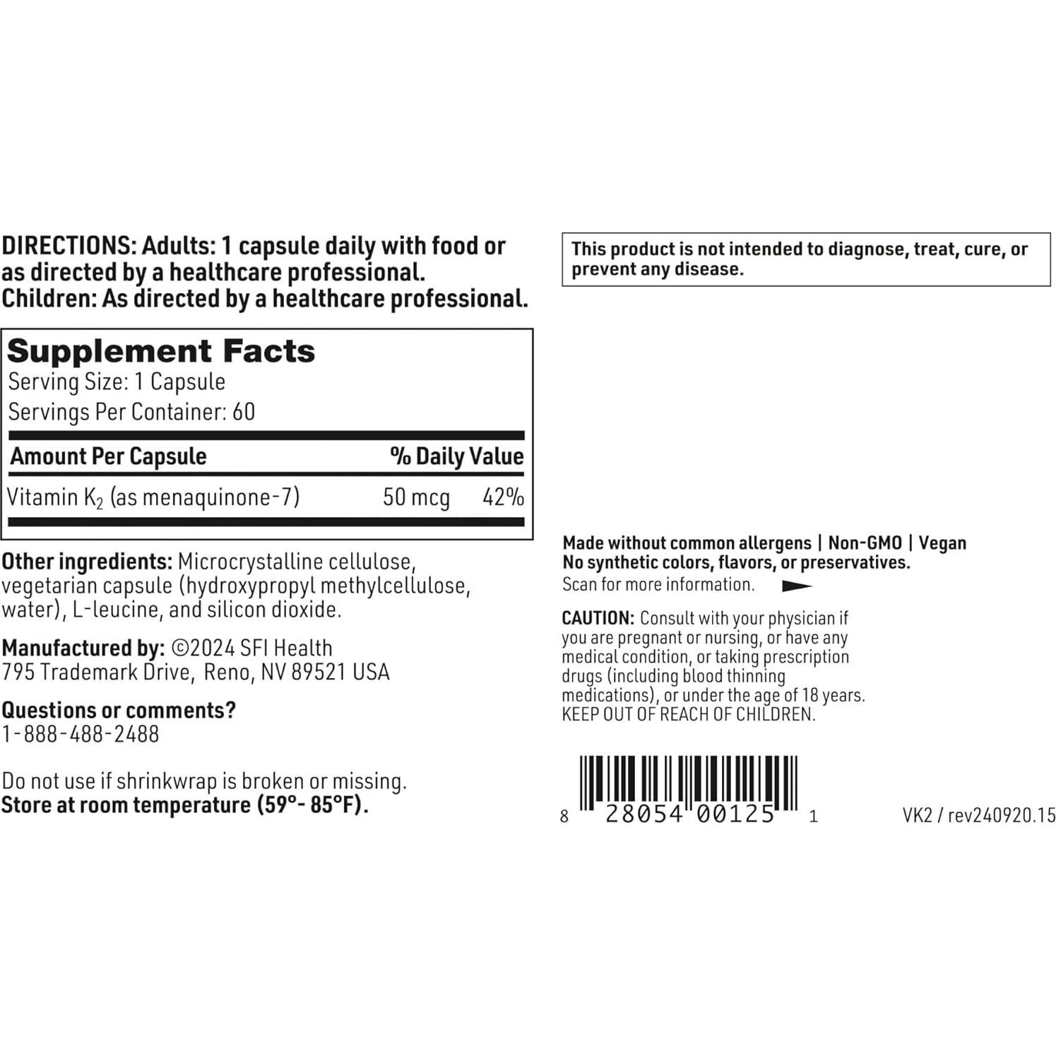 Vitamina K2 Klaire Labs MK-7 50 mcg 60 Cápsulas Sin Soja
