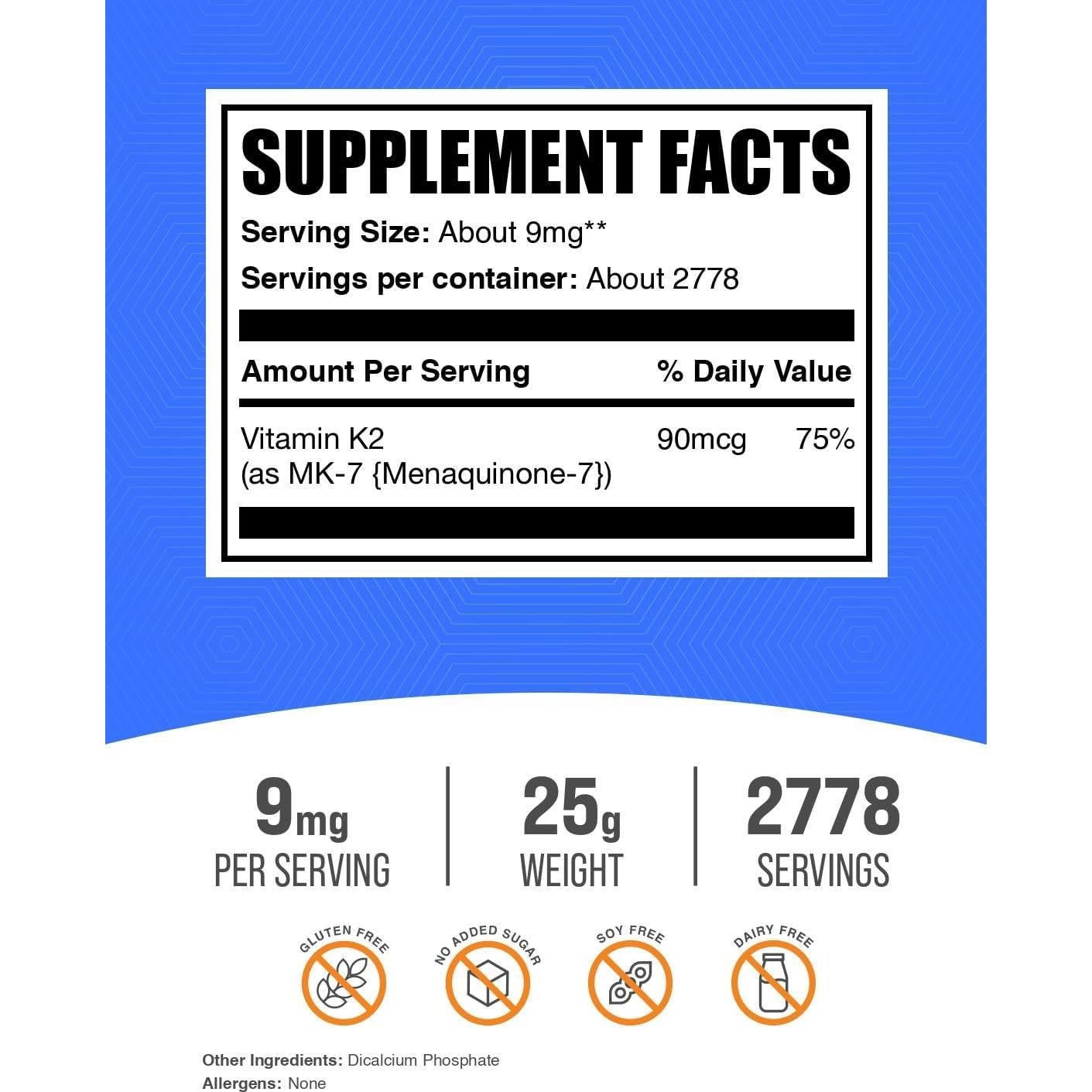 Polvo de Vitamina K2 MK-7 BulkSupplements 25g - Suplemento Sin Gluten