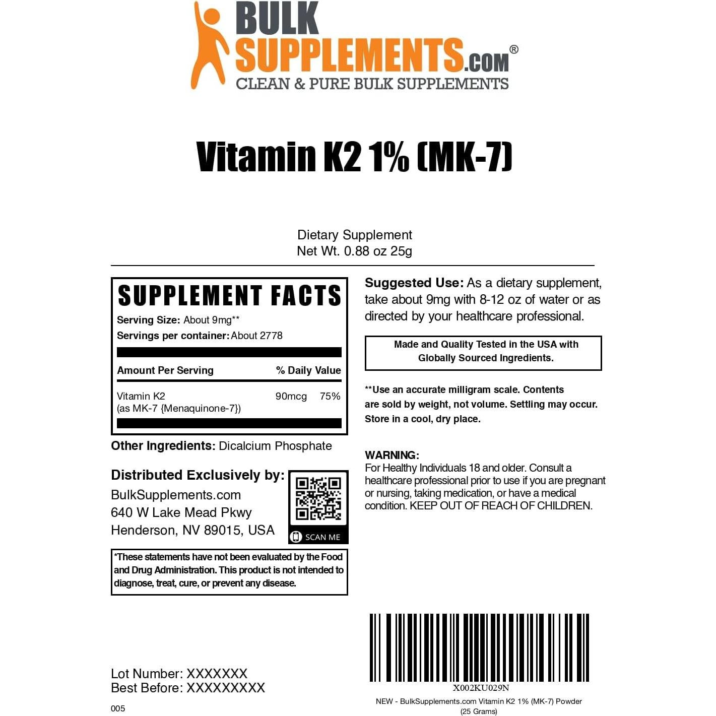 Polvo de Vitamina K2 MK-7 BulkSupplements 25g - Suplemento Sin Gluten