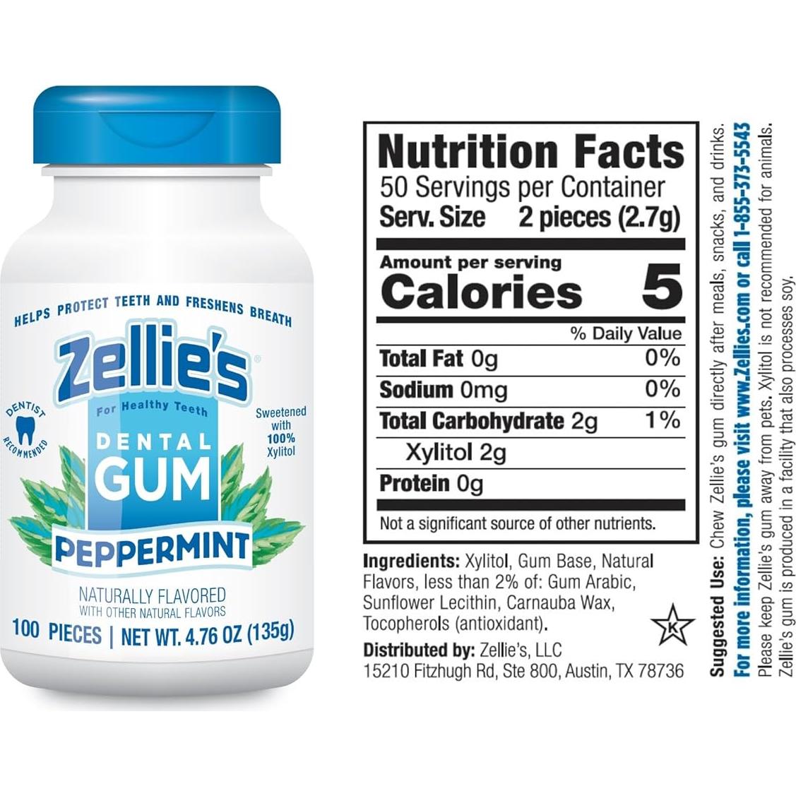 Chicle de Menta Zellie's 100% Xilitol Vegano 100 Unidades