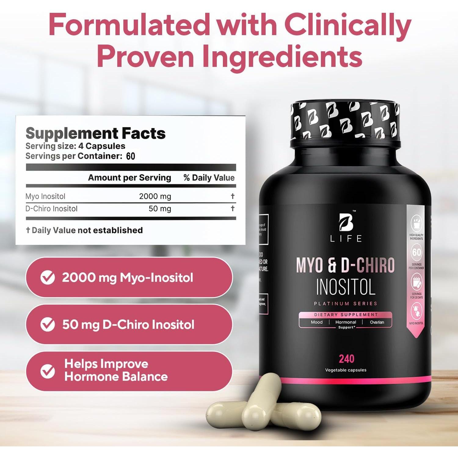 Suplemento de Inositol Myo y D-Chiro 40:1 b Life 240 Cápsulas