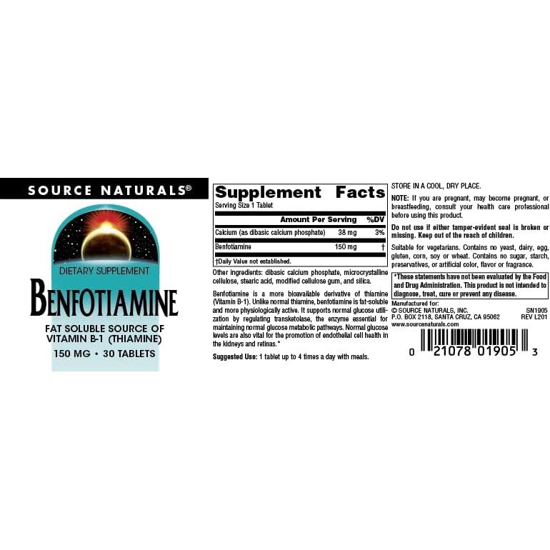 Benfotiamina 150 mg Source Naturals 30 tabletas suplemento