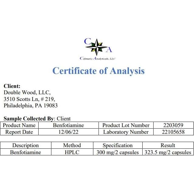 Benfotiamina 300mg Double Wood - 120 Cápsulas Veganas