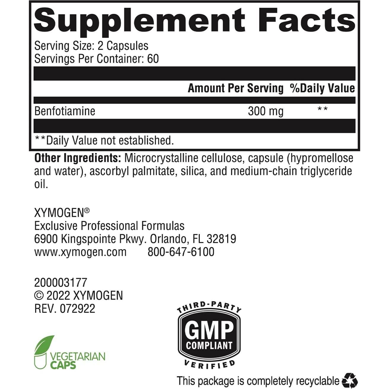 Suplemento Benfotiamina 300mg Xymogen - 120 Cápsulas Salud Metabólica