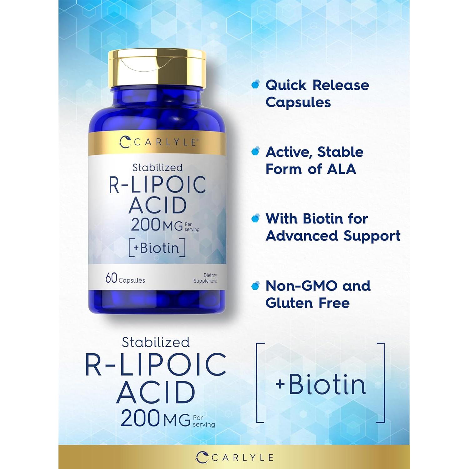 Cápsulas de Ácido R-Lipoico 200mg Carlyle con Biotina 60u