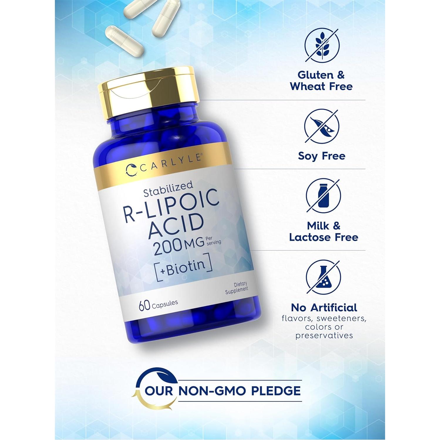 Cápsulas de Ácido R-Lipoico 200mg Carlyle con Biotina 60u