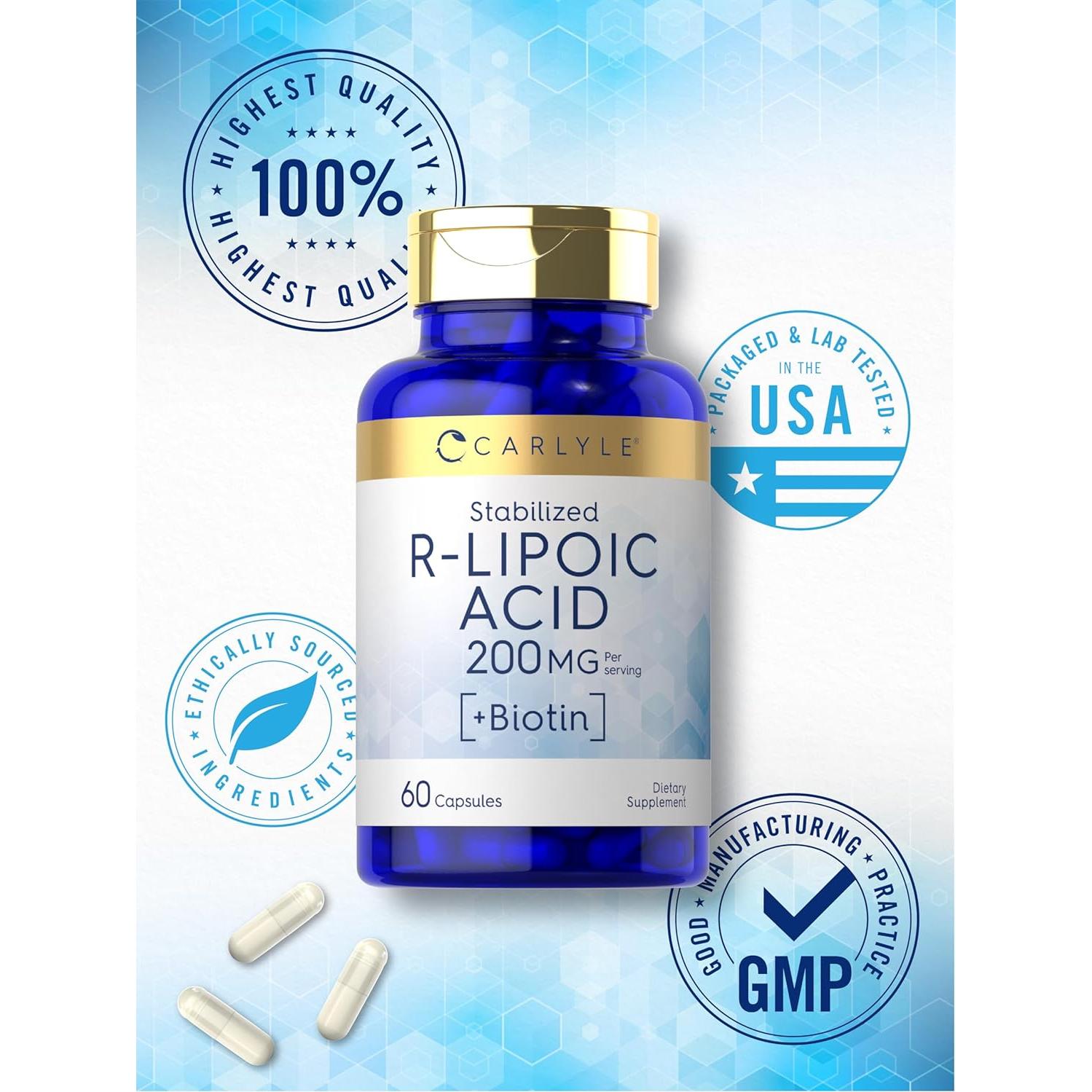 Cápsulas de Ácido R-Lipoico 200mg Carlyle con Biotina 60u