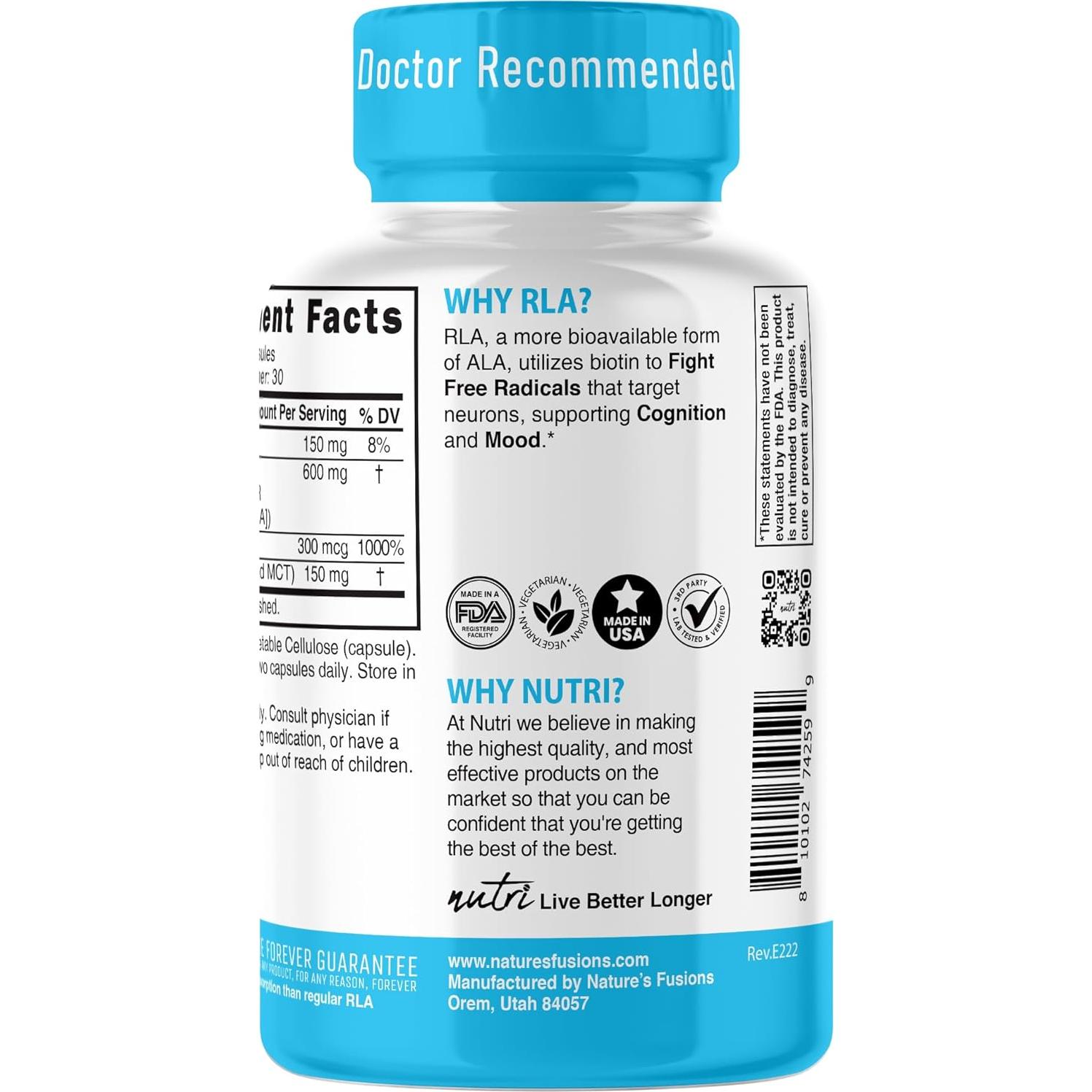 Ácido Alfa Lipoico R Nutri 600mg 60 Cápsulas Veganas con Biotina