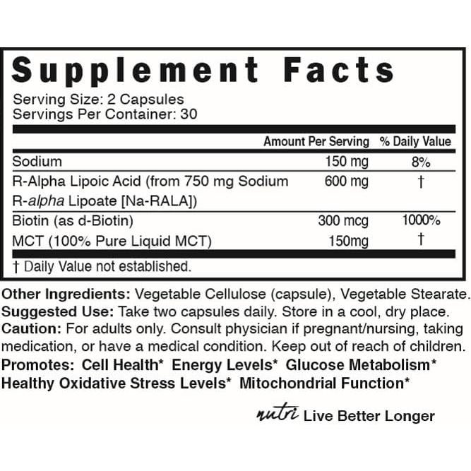 Ácido Alfa Lipoico R Nutri 600mg 60 Cápsulas Veganas con Biotina